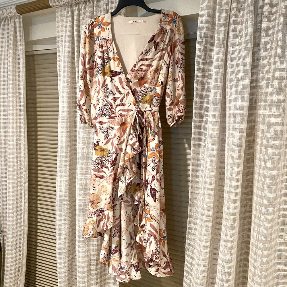 Floral Wrap Tie Midi Dress with Ruffles, Size S